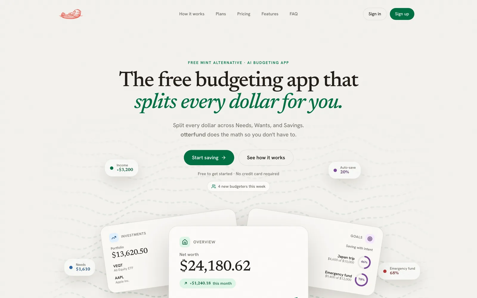 Otterfund AI budgeting app landing page
